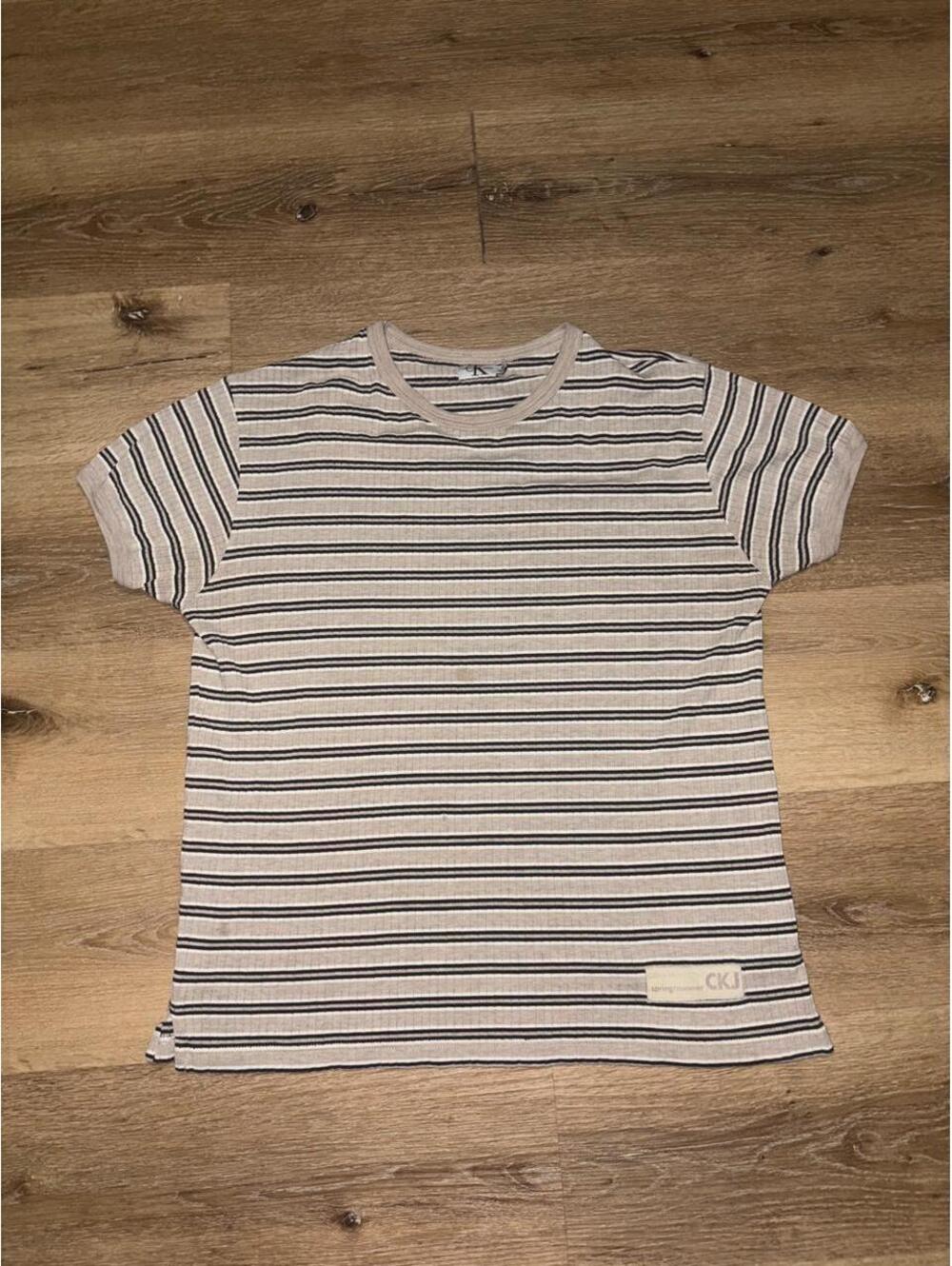 Calvin Klein Jeans CK Striped Ribbed T-Shirt Beige Black Men’s Medium